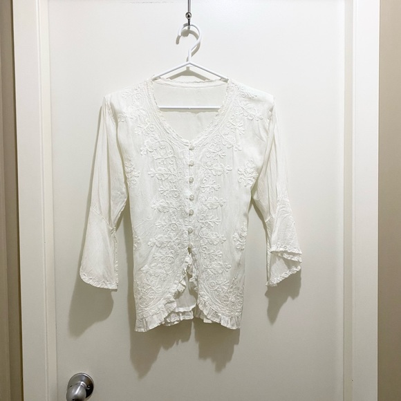 Beautiful Traditional Thai Button Blouse with Back Tie Bell Sleeves White M S - Picture 2 of 12